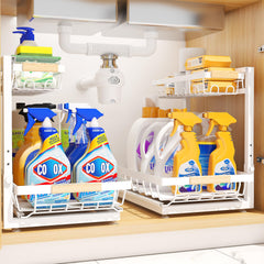 Under Sink Organizer High Adjustable 2 Tier Under Kitchen sink organizer Multi-Purpose Storage Shelf for Kitchen Bathroom Cabinet White